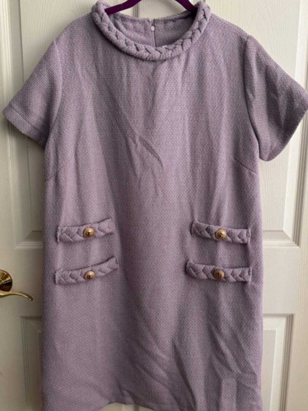 Lilac Braid-Trim Short Sleeve Tweed Shift Dress 🔥